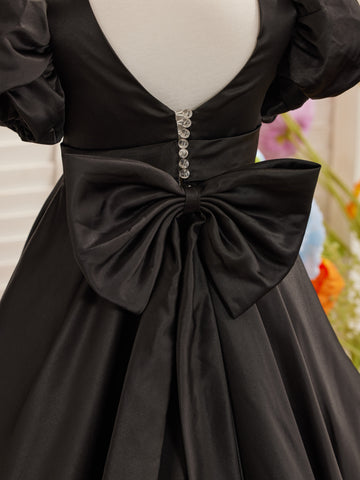 Vestido de niña de las flores con mangas abullonadas, lazo, botones en la espalda y cola de barrido 