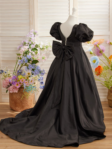 Vestido de niña de las flores con mangas abullonadas, lazo, botones en la espalda y cola de barrido 