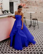 Vestido de fiesta de organza rosa claro, corte en A, sin tirantes