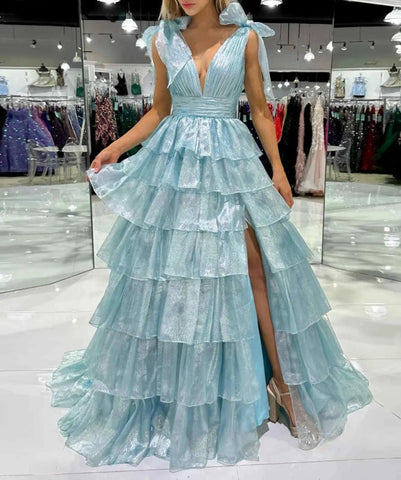 RGlitter Tie Straps Pink Plunging Neck Tiered Long Prom Dress