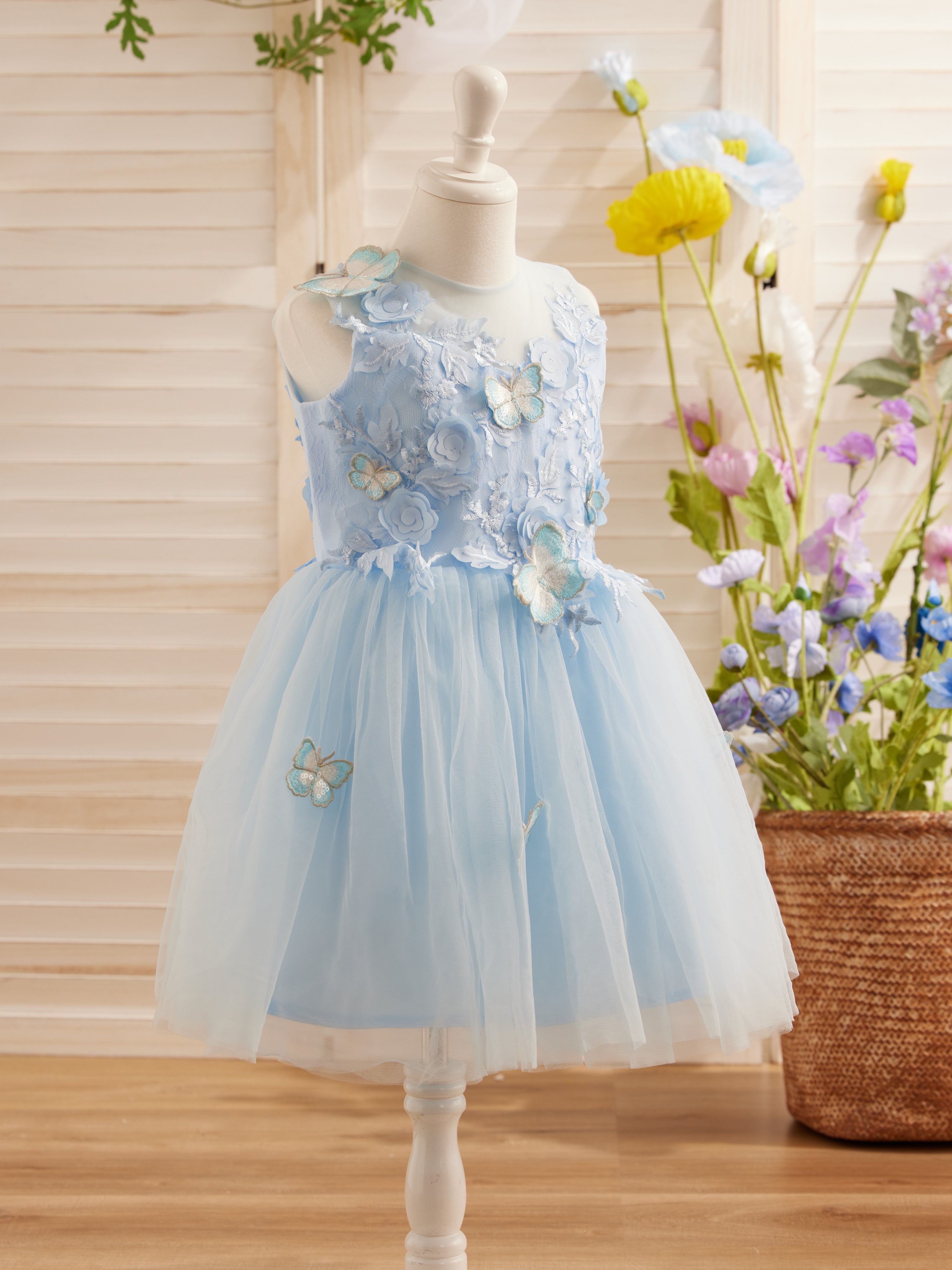 Vestido de niña de las flores sin mangas de tul y encaje hasta la rodilla 