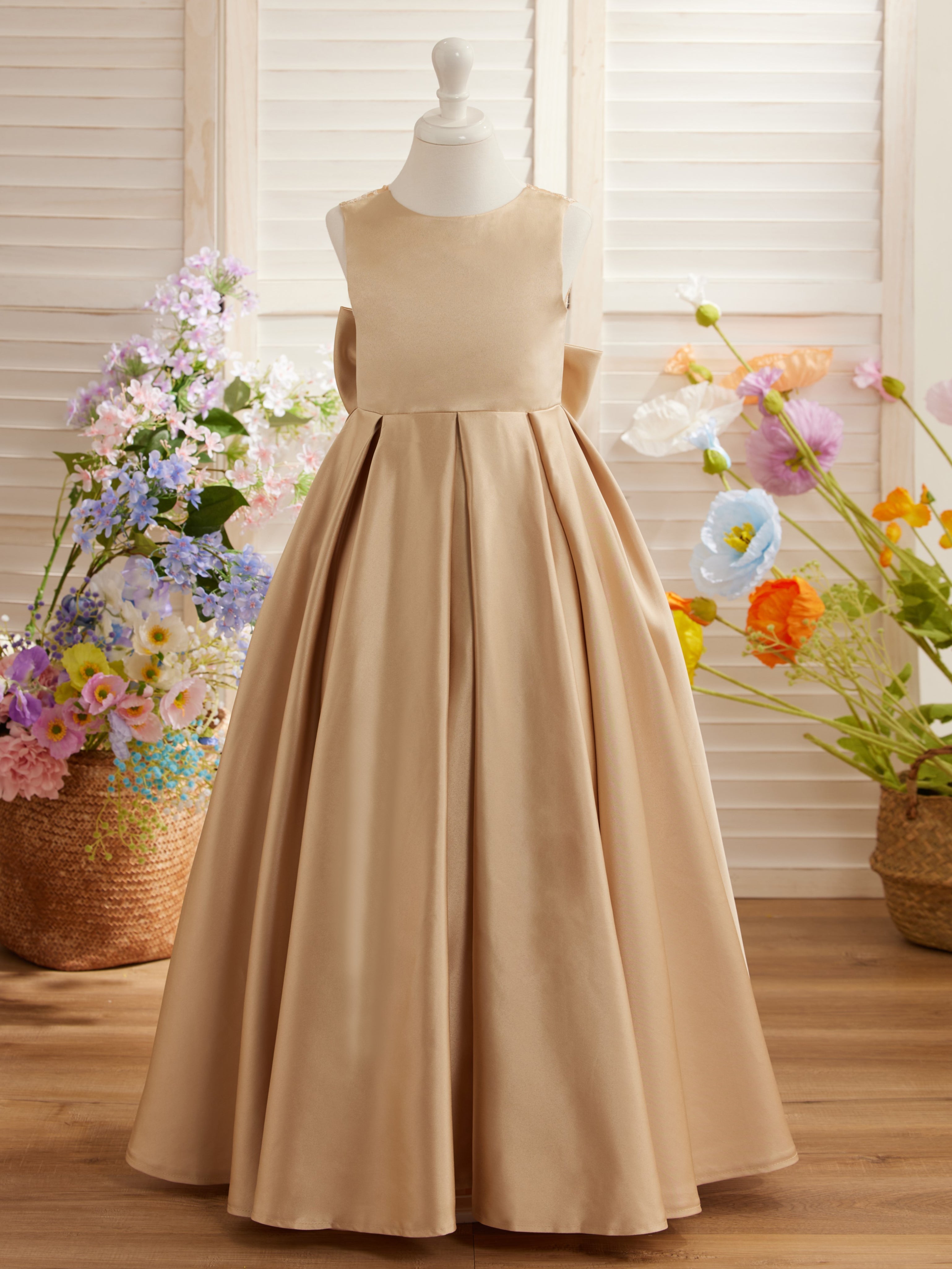 Vestido de niña de las flores para la Primera Comunión, corte en A, encaje y satén, hasta el suelo 