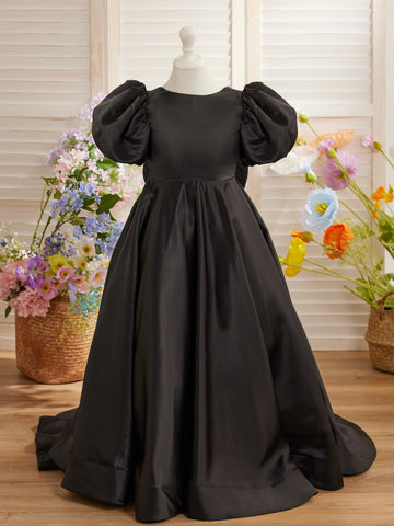 Vestido de niña de las flores con mangas abullonadas, lazo, botones en la espalda y cola de barrido 