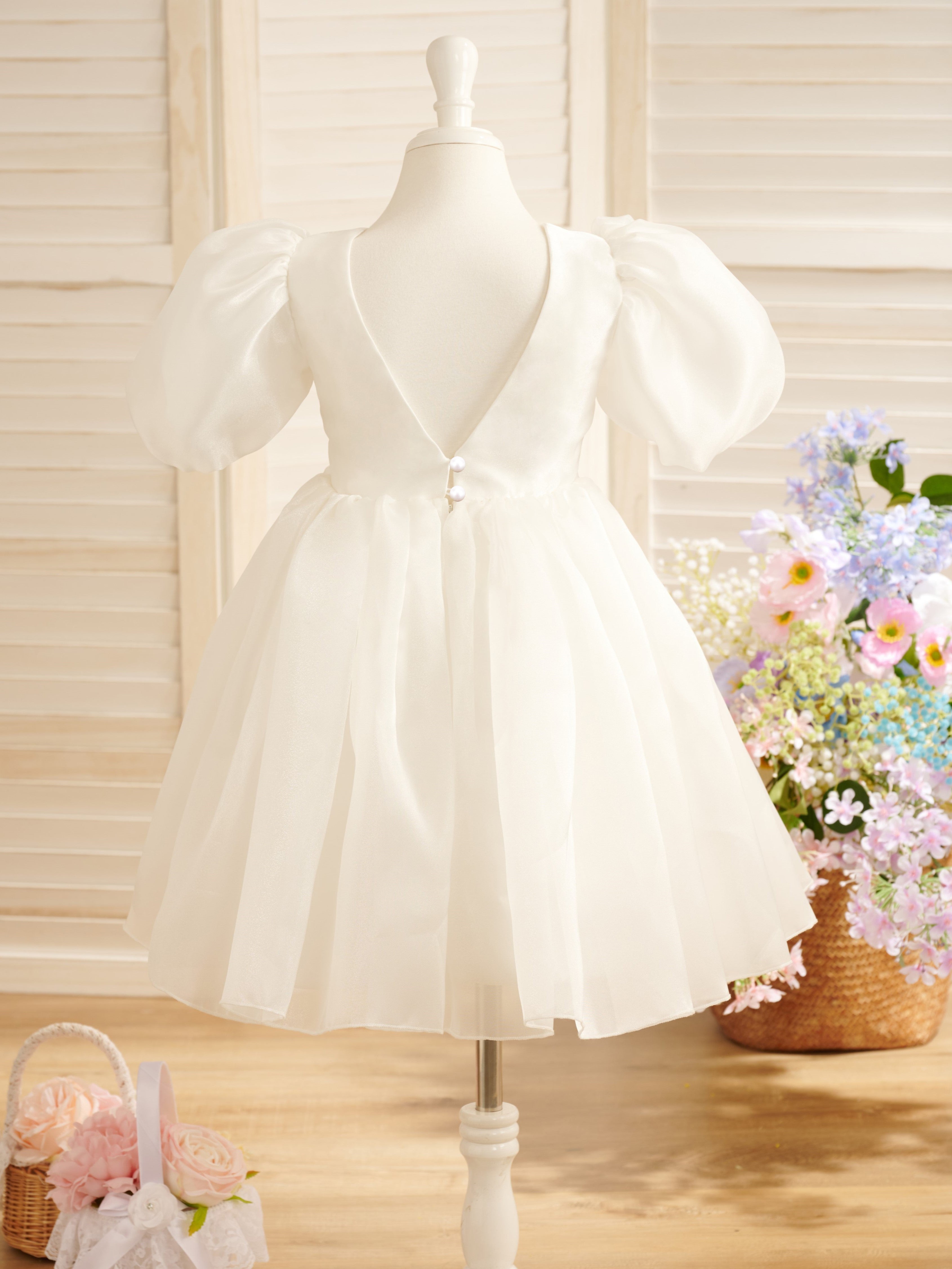Vestido de princesa/de organza para niña de las flores de la primera comunión, hasta la rodilla. 