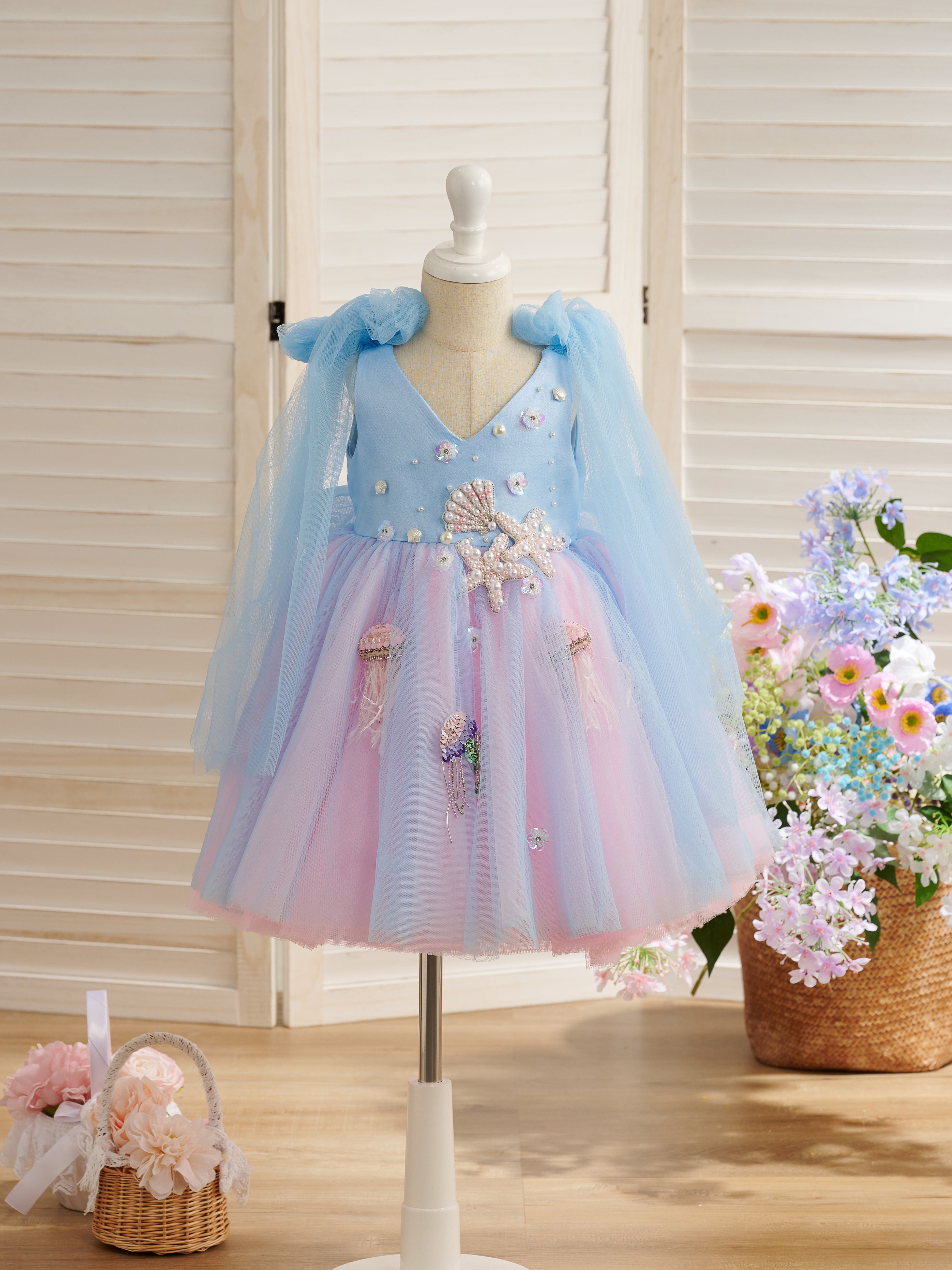 Vestido de tul hasta la rodilla para fiesta de primer cumpleaños de niña 