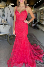 Kanika | Vestidos de fiesta de sirena con encaje y escote en V rosa fucsia