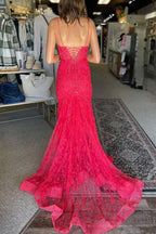 Kanika | Vestidos de fiesta de sirena con encaje y escote en V rosa fucsia
