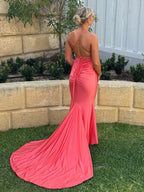 Helaina | Vestido largo de fiesta de sirena rosa claro satinado con escote pronunciado