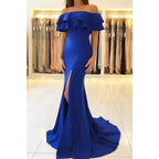 Robe de soirée sirène chic en satin bleu royal à épaules dénudées et fente haute 