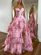 Haruko | A Line Floral Blush Tiered Chiffon Long Corset Prom Dress with Slit
