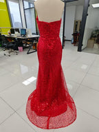 Baoleely Elegant & Luxurious V-Neck Sleeveless Sequins Side Slit Sheath Evening Party Prom Dress