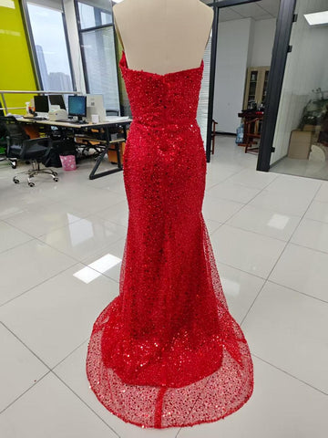 Baoleely Elegant & Luxurious V-Neck Sleeveless Sequins Side Slit Sheath Evening Party Prom Dress