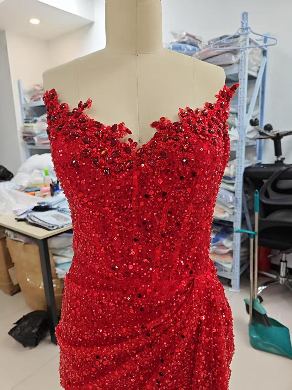 Baoleely Elegant & Luxurious V-Neck Sleeveless Sequins Side Slit Sheath Evening Party Prom Dress
