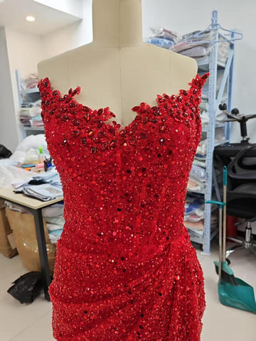 Baoleely Elegant & Luxurious V-Neck Sleeveless Sequins Side Slit Sheath Evening Party Prom Dress