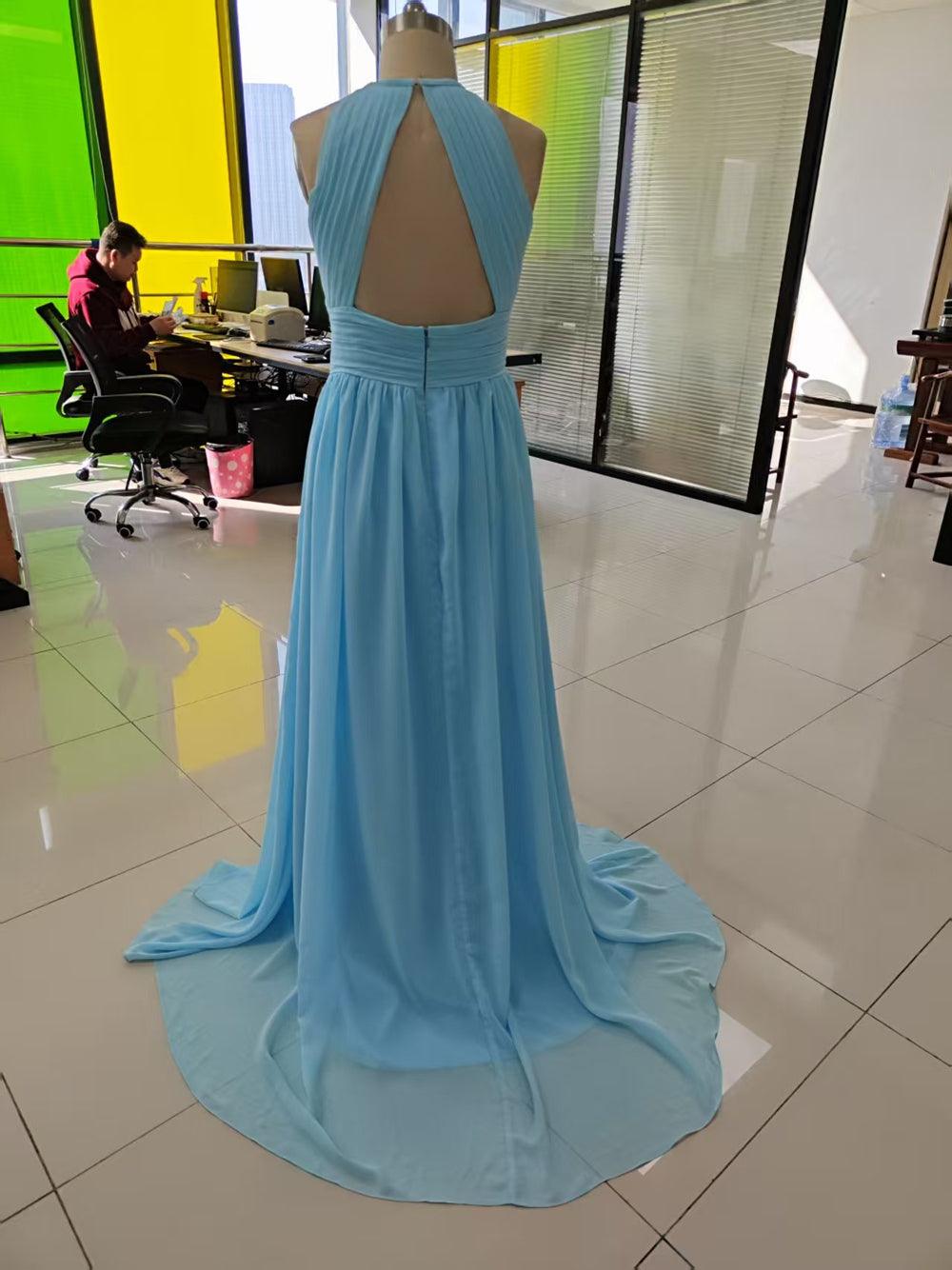 Baoleely Chiffon Floor Length Prom Dresses A-Line Halter Open Back Pleats