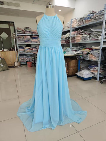Baoleely Chiffon Floor Length Prom Dresses A-Line Halter Open Back Pleats