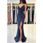 Robe de bal longue sirène à bretelles spaghetti et col en V avec fente latérale 