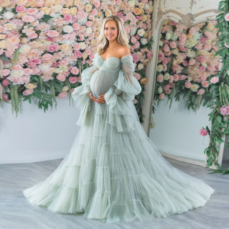 Elegante vestido de maternidad de tul para sesión de fotos, bata de novia con mangas abullonadas con volantes, vestidos de maternidad verdes para fotografía de embarazo