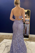Two Piece Light Blue Sequins Mermaid Prom Dress with Slit