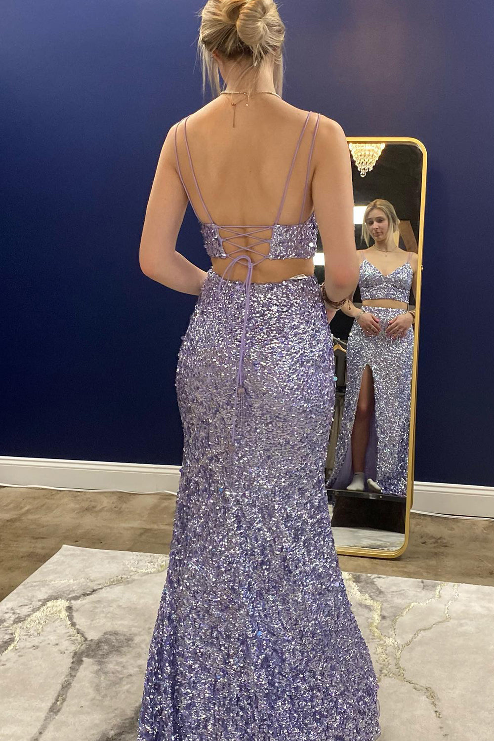 Two Piece Light Blue Sequins Mermaid Prom Dress with Slit