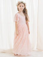 Vestido boho de niña de las flores color marfil, corte en A, de encaje y largo hasta el tobillo 