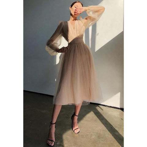 Robe longue sexy à col en V et manches longues pour anniversaire 