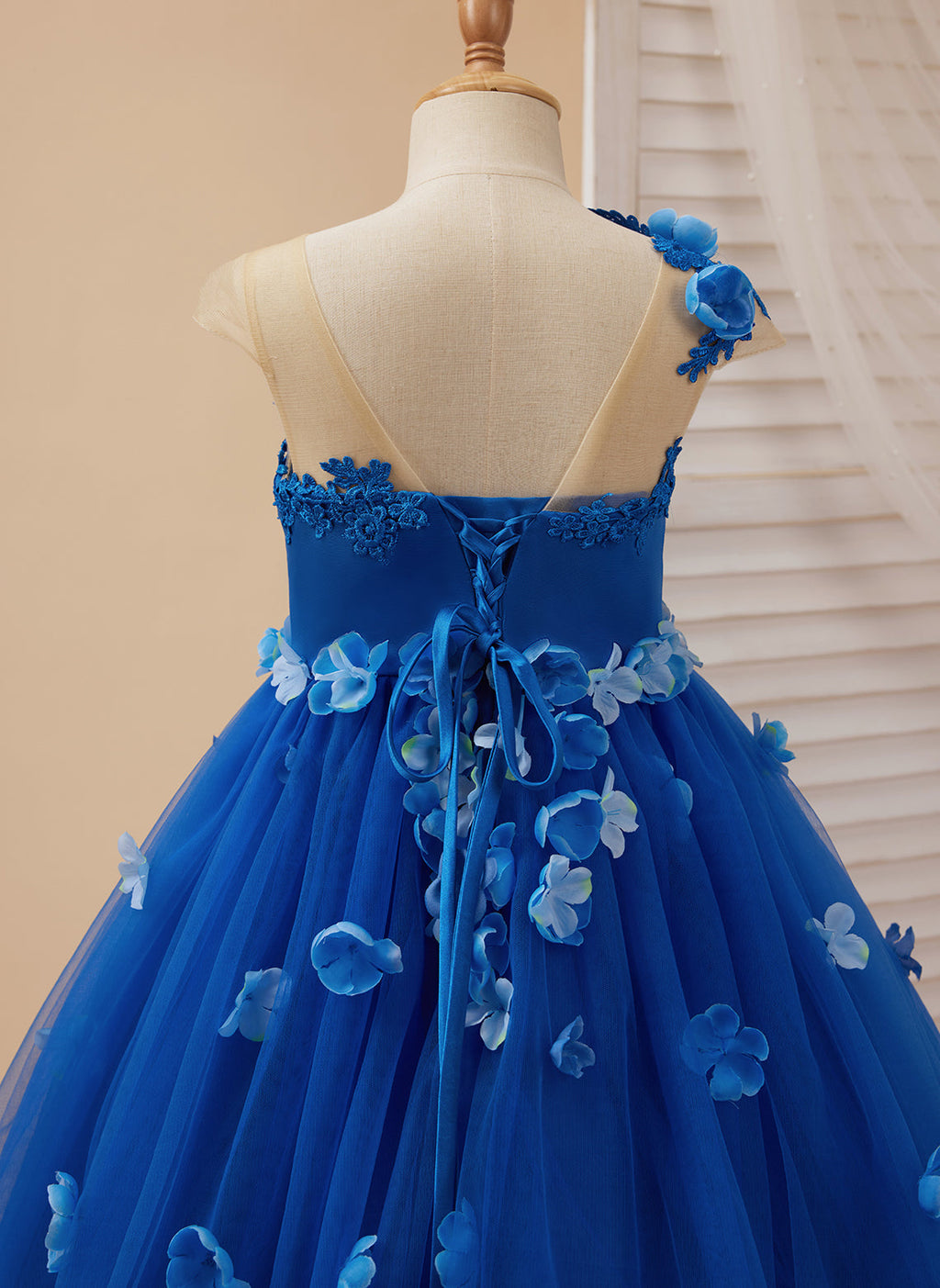 Vestido de princesa para niña de las flores con apliques y lazo azul real 
