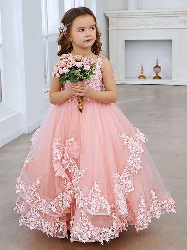 Vestido de princesa sin mangas de tul con apliques de encaje y cola corta para niñas 