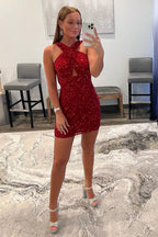 Sheath Halter Red Sequins Homecoming Dress with Backless