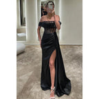 Robe de bal longue en satin sexy et chaude à épaules dénudées avec plis illusion et fente 