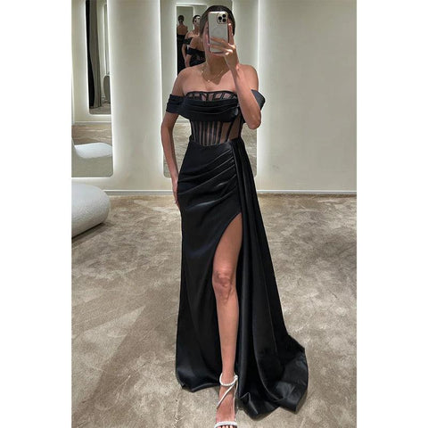 sexy & hot satin off-shoulder illusion pleats long prom dress with slit