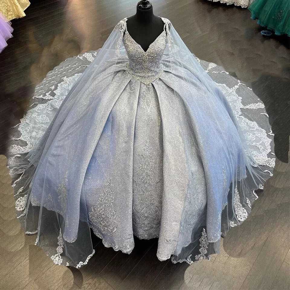 Vestido de quinceañera con cuentas, apliques de lentejuelas, vestido de princesa de baile con capa Y1516