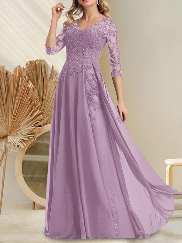 Vestido de novia de corte A, escote en V, largo hasta el suelo, de gasa de encaje con lentejuelas para la madre de la novia