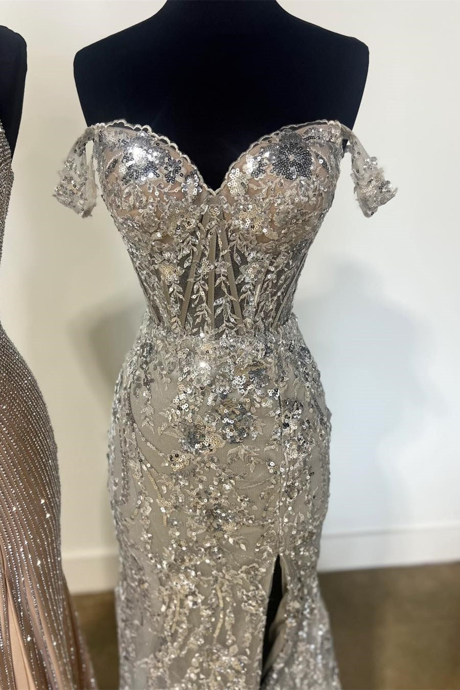 Baoleely Soleil | Gold Sequin Lace Off the Shoulder Mermaid Prom Dress