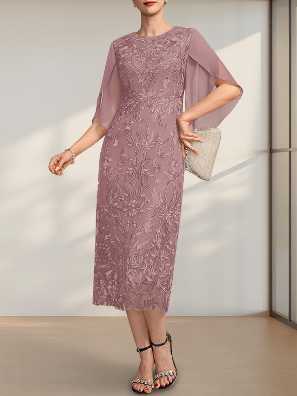 Vestido de novia de gasa de encaje, corte recto/columna, largo hasta la rodilla, con escote redondo.