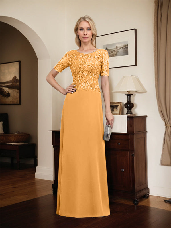Vestido de novia de corte línea A, escote redondo, largo hasta el suelo, de encaje y gasa con lentejuelas.