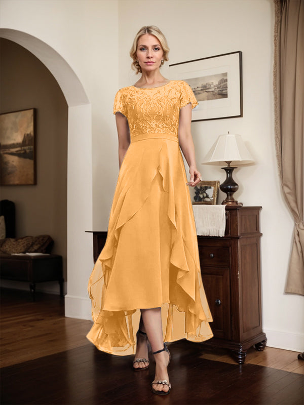 Vestido de novia asimétrico de gasa con encaje, corte en A, escote ilusión, detalle de lazo, volantes y lentejuelas para la madre de la novia 