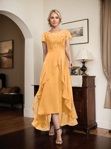 A-line Scoop Illusion Asymmetrical Chiffon Lace Mother of the Bride Dress With Bow Ruffle Sequins