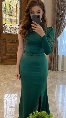 Robe de bal sirène verte à une manche, charmante, robe de soirée verte Y5520