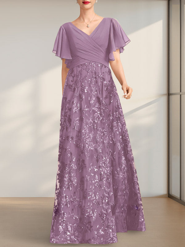 Vestido de novia de corte A, escote en V, largo hasta el suelo, de encaje, lentejuelas y gasa, con pliegues.