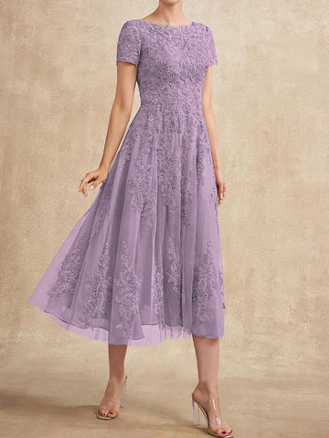 A-line Scoop Tea-Length Tulle Lace Mother of the Bride Dress