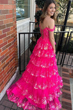 Vestido de graduación de princesa con hombros descubiertos, lentejuelas y encaje