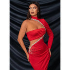Robe de soirée sexy et ajustée à col haut, plissée et perlée, sans bretelles, en satin, manches longues 