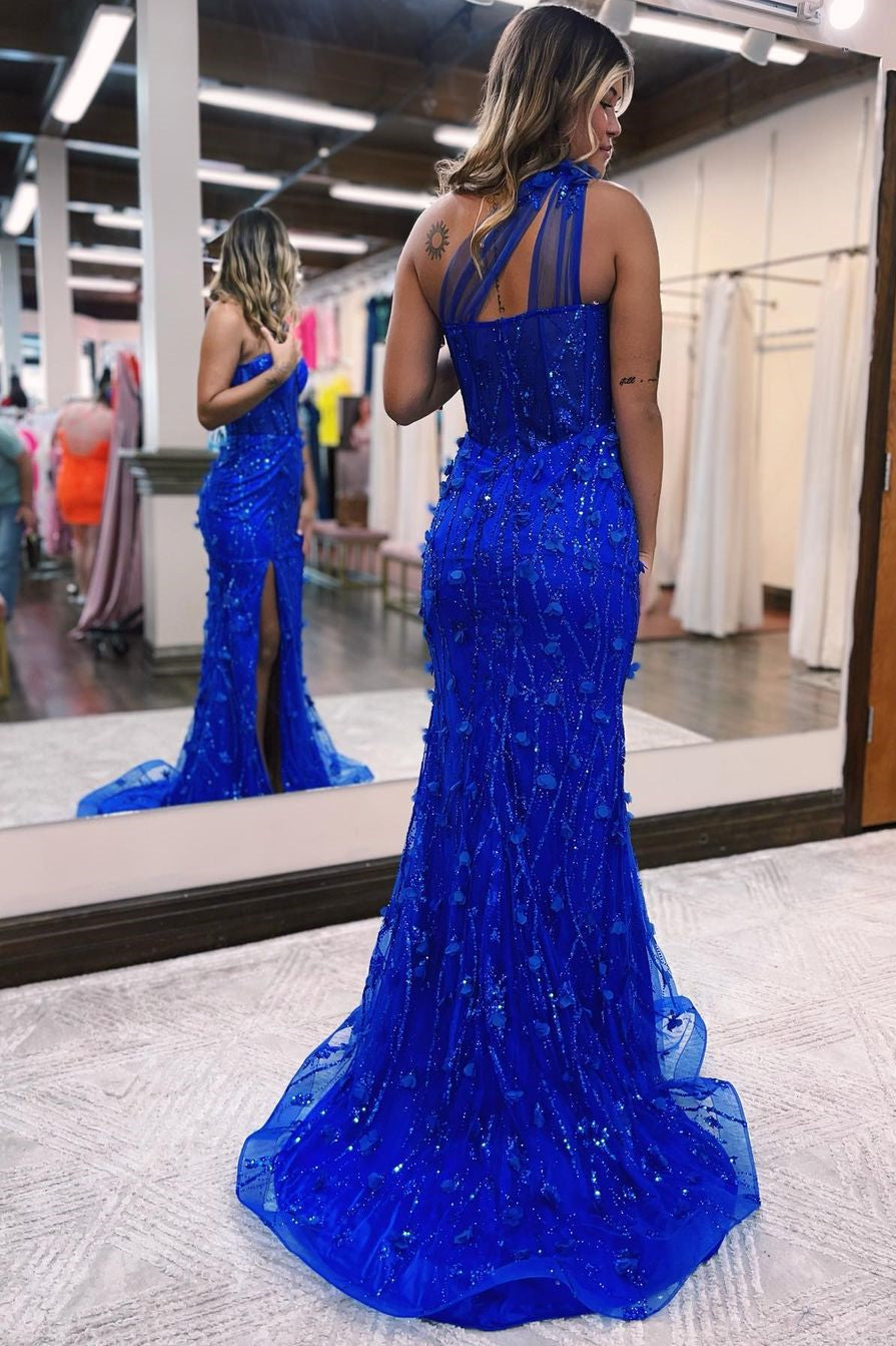 Vestido de fiesta de sirena de tul con un solo hombro, abertura frontal y apliques de cuentas.