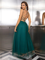 Summer Sexy Sequin Gauze Stitching Evening Dress Contrast Color Sequined Mesh Camouflage Dress