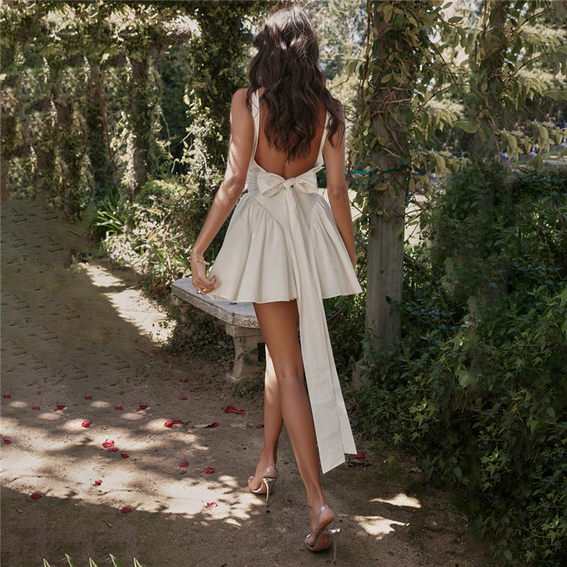 Summer Rain Backless Lace up Bow Evening Dress