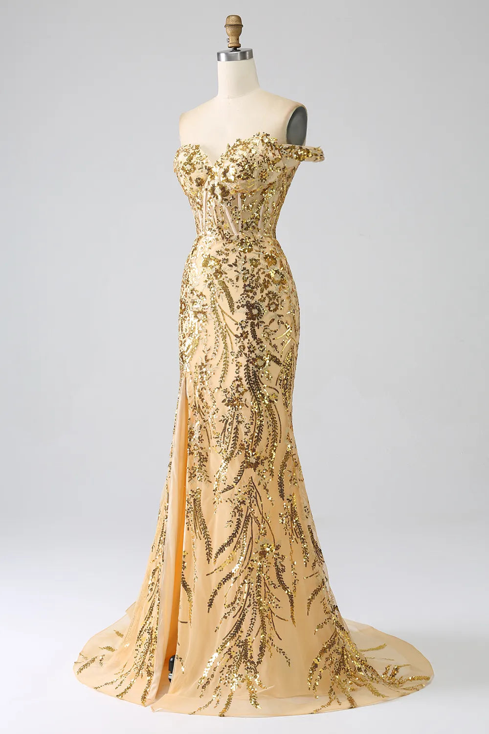 Robe de bal longue sirène à sequins fuchsia scintillants, épaules dénudées et fente.
