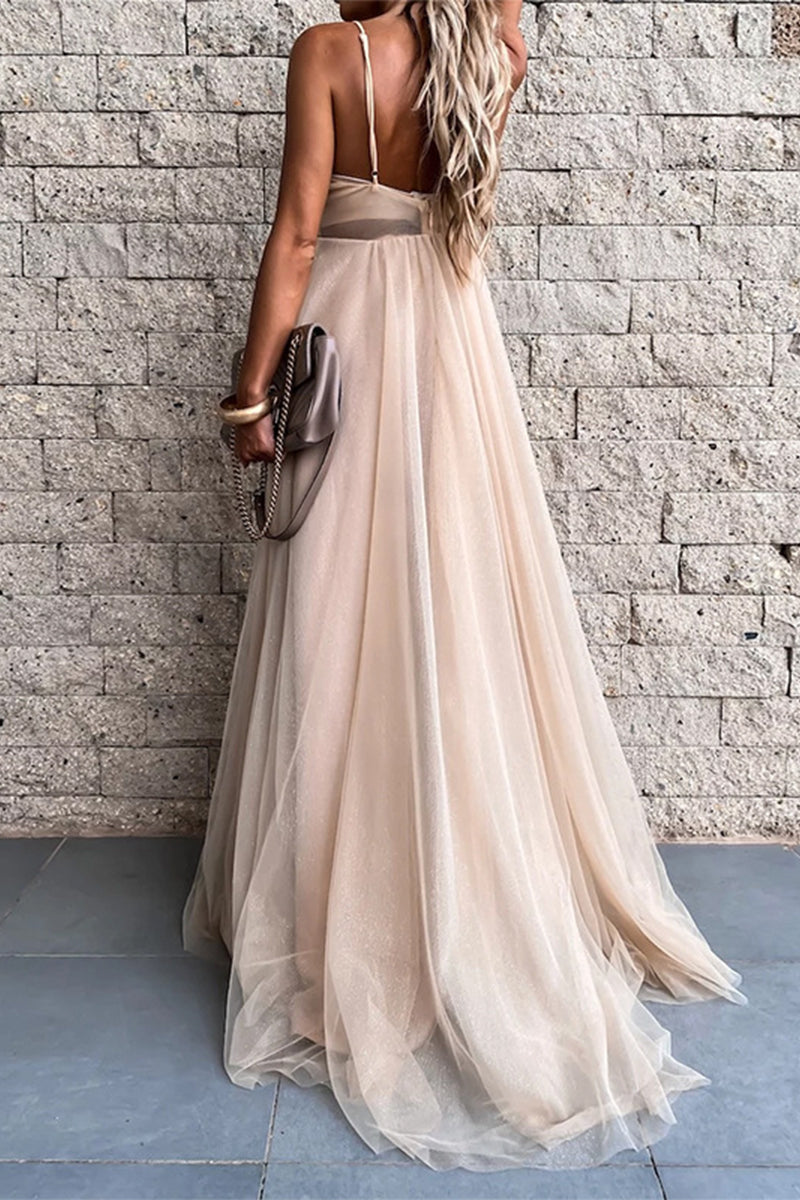 Vestidos de noche sexys formales de malla sólida con escote en V 