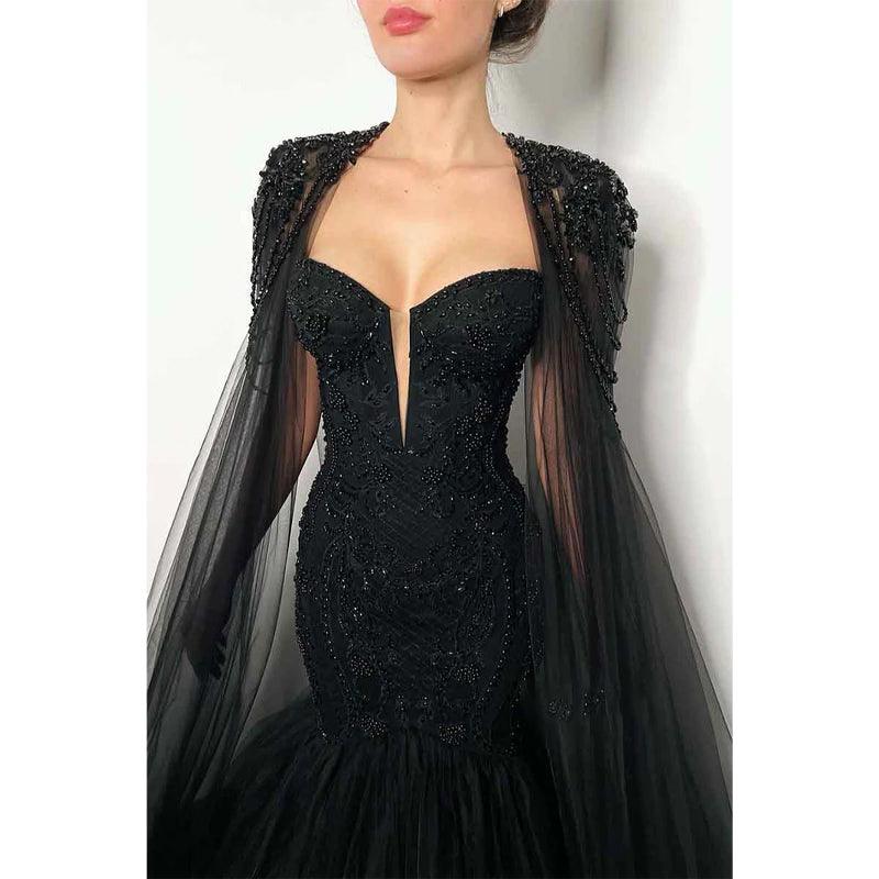 Vestido de fiesta formal de sirena negro con cuentas y escote en V profundo sexy y cola 