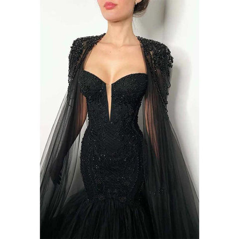 Robe de soirée sirène noire sexy à col en V profond et perles avec traîne 
